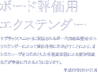 ボード評価用エクステンダー　サブラック(ユニット)に実装されるボード(回路基盤)を本エクステンダーによって筐体外部に引き出すことにより、オシロスコープをはじめとした各種測定器による波形観測などが容易に行えるようになります。平成26年(2014)7月